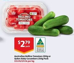 ALDI Australian Bellino Tomatoes 200g or Qukes Baby Cucumbers 250g Pack offer