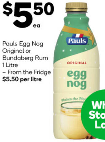 Woolworths Pauls Egg Nog Original or Bundaberg Rum 1 Litre offer