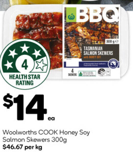 Woolworths COOK Honey Soy Salmon Skewers 300g offer at Woolworths