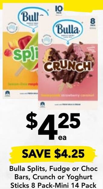Drakes Bulla Splits, Fudge or Choc Bars, Crunch or Yoghurt Sticks 8 Pack-Mini 14 Pack offer