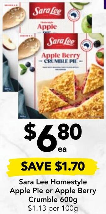 Drakes Sara Lee Homestyle Apple Pie or Apple Berry Crumble 600g offer