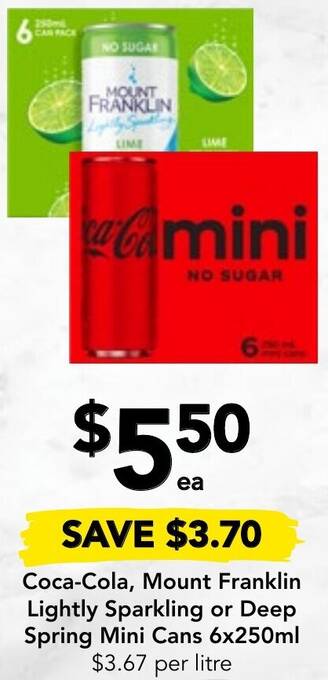 Drakes Coca-Cola, Mount Franklin Lightly Sparkling or Deep Spring Mini Cans 6x250ml offer