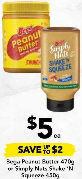 Drakes Bega Peanut Butter 470g or Simply Nuts Shake 'N Squeeze 450g offer