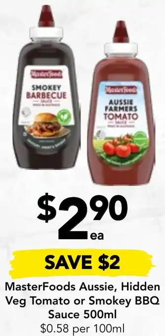 Drakes MasterFoods Aussie, Hidden Veg Tomato or Smokey BBQ Sauce 500ml offer