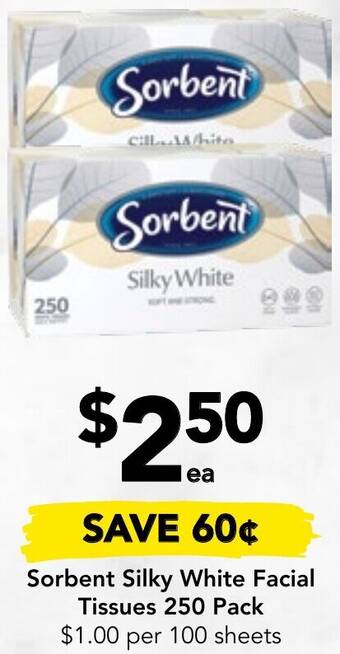 Drakes Sorbent Silky White Facial Tissues 250 Pack offer