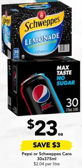 Drakes Pepsi or Schweppes Cans 30x375ml offer