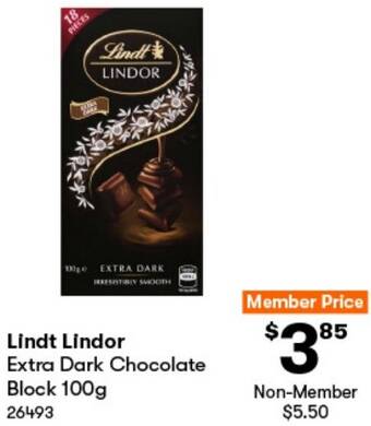 BIG W Lindt Lindor Extra Dark Chocolate Block 100g offer
