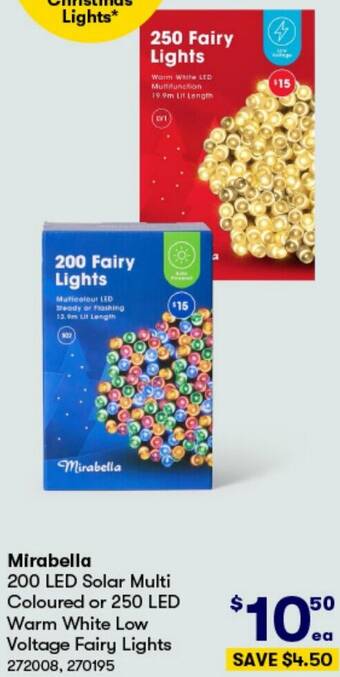 BIG W Mirabella 200 LED Solar Multi Coloured or 250 LED Warm White Low Voltage Fairy Lights offer