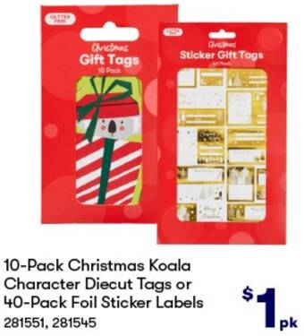 BIG W 10-Pack Christmas Koala Character Diecut Tags or 40-Pack Foil Sticker Labels offer