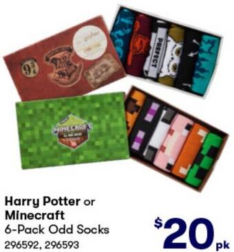 BIG W Harry Potter or Minecraft 6-Pack Odd Socks offer