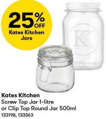 BIG W Kates Kitchen Screw Top Jar 1-litre or Clip Top Round Jar 500ml offer