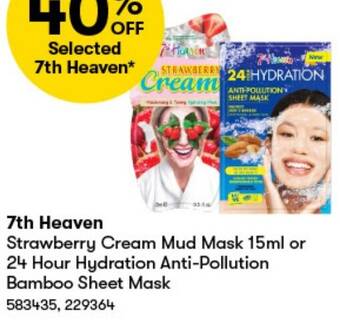 BIG W 7th Heaven Strawberry Cream Mud Mask 15ml or 24 Hour Hydration Anti-Pollution Bamboo Sheet Mask offer