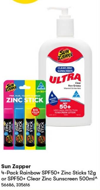 BIG W Sun Zapper 4-Pack Rainbow SPF50+ Zinc Sticks 12g or SPF50+ Clear Zinc Sunscreen 500ml offer