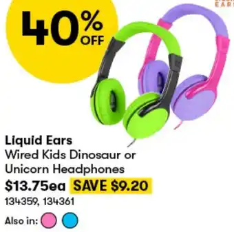 BIG W Liquid Ears Wired Kids Dinosaur or Unicorn Headphones offer