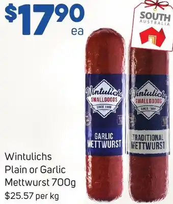 Foodland Wintulichs Plain or Garlic Mettwurst 700g offer