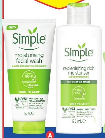 Foodland Simple Kind to Skin Moisturising Facial Wash 150ml or Replenishing Rich Moisturiser 125ml offer