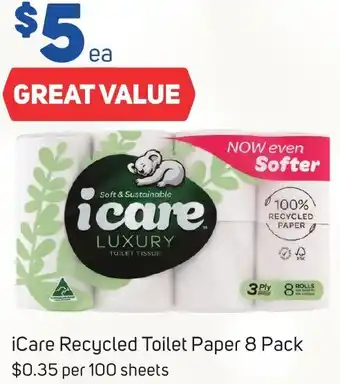 iCare Recycled Toilet Paper 8 Pack