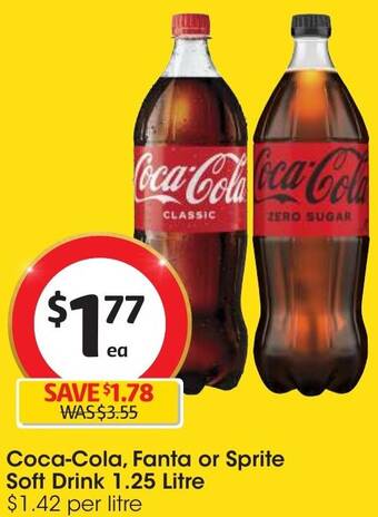 Coles Coca-Cola, Fanta or Sprite Soft Drink 1.25 Litre offer
