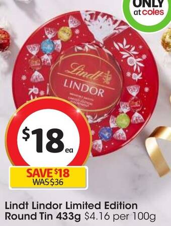 Coles Lindt Lindor Limited Edition Round Tin 433g offer