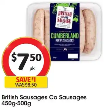 Coles British Sausages Co Sausages 450g-500g offer