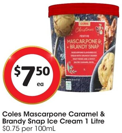 Coles Mascarpone Caramel & Brandy Snap Ice Cream 1 Litre offer at Coles