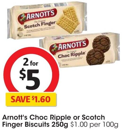 Arnott's Choc Ripple or Scotch Finger Biscuits 250g offer at Coles