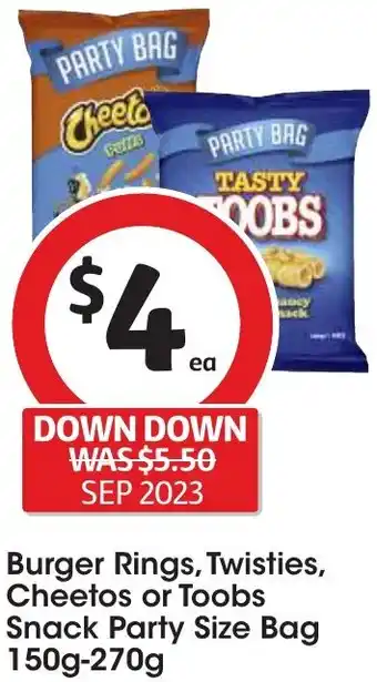 Coles Burger Rings, Twisties, Cheetos or Toobs Snack Party Size Bag 150g-270g offer