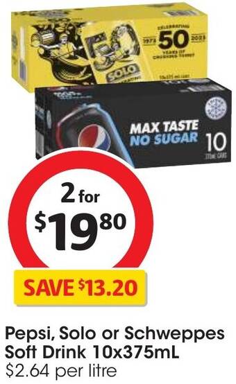 Coles Pepsi, Solo or Schweppes Soft Drink 10x375mL offer