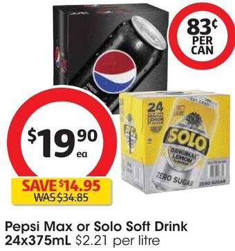 Coles Pepsi Max or Solo Soft Drink 24x375mL offer