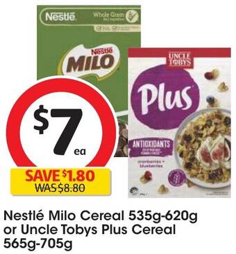 Coles Nestlé Milo Cereal 535g-620g or Uncle Tobys Plus Cereal 565g-705g offer