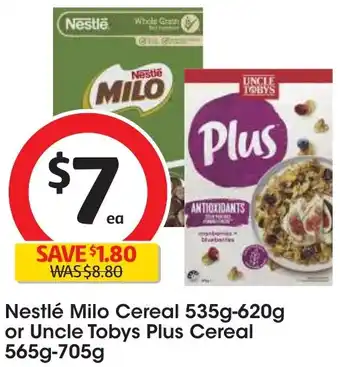 Coles Nestlé Milo Cereal 535g-620g or Uncle Tobys Plus Cereal 565g-705g offer