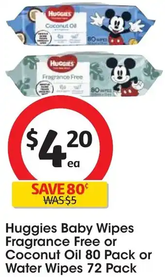 Coles Huggies Baby Wipes Fragrance Free or Coconut Oil 80 Pack or Water Wipes 72 Pack offer