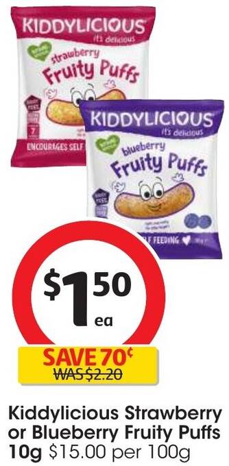 Coles Kiddylicious Strawberry or Blueberry Fruity Puffs 10g offer