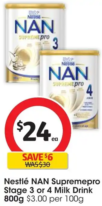 Coles Nestlé NAN Supremepro Stage 3 or 4 Milk Drink 800g offer