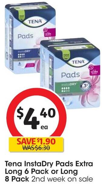Coles Tena InstaDry Pads Extra Long 6 Pack or Long offer