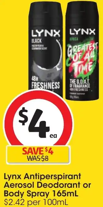 Coles Lynx Antiperspirant Aerosol Deodorant or Body Spray 165mL offer