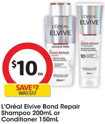 Coles L'Oréal Elvive Bond Repair Shampoo 200mL or Conditioner 150mL offer