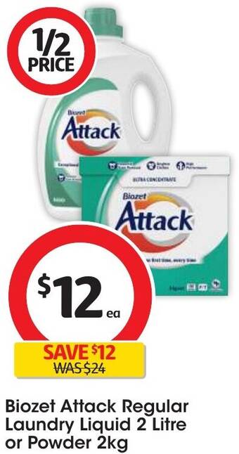 Coles Biozet Attack Regular Laundry Liquid 2 Litre or Powder 2kg offer