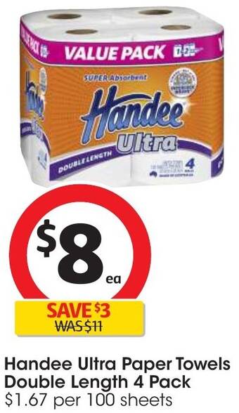 Coles Handee Ultra Paper Towels Double Length 4 Pack offer