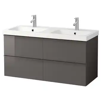 Godmorgon / odensvik wash-stand with 4 drawers, high-gloss grey/dalskär tap, 123x49x64 cm