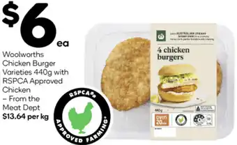 Woolworths Woolworths Chicken Burger Varieties 440g with RSPCA Approved Chicken offer