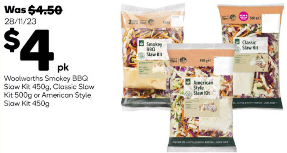 Woolworths Smokey BBQ Slaw Kit 450g, Classic Slaw Kit 500g or American