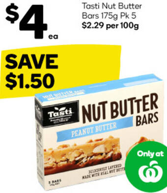 Woolworths Tasti Nut Butter Bars 175g Pk 5 offer