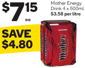 Woolworths Mother Energy Drink 4 x 500ml offer
