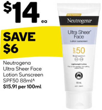 Woolworths Neutrogena Ultra Sheer Face Lotion Sunscreen SPF50 88ml offer