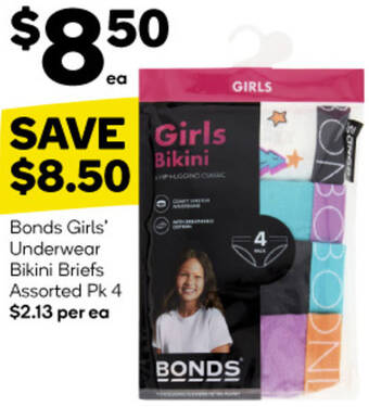 Woolworths Bonds Girls' Underwear Bikini Briefs Assorted Pk 4 offer