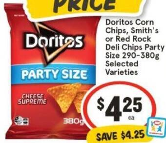 IGA Doritos Corn Chips, Smith's or Red Rock Deli Chips Party Size 290-380g offer