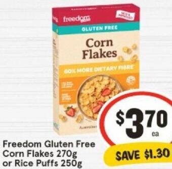 IGA Freedom Gluten Free Corn Flakes 270g or Rice Puffs 250g offer