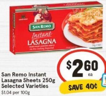 IGA San Remo Instant Lasagna Sheets 250g offer
