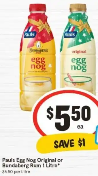 IGA Pauls Egg Nog Original or Bundaberg Rum 1 Litre offer